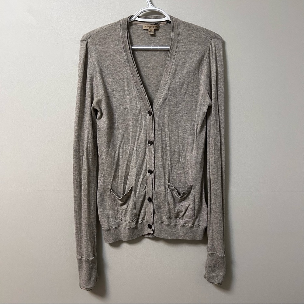 Burberry Cashmere Cotton V-Neck Button Down Nova Check Cardigan Sweater